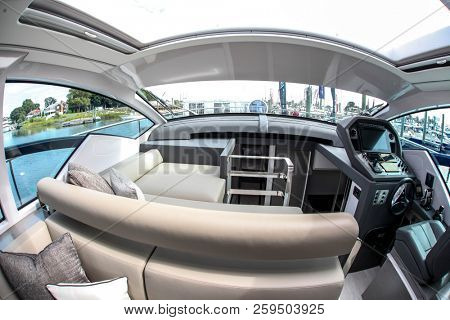 NORWALK, CT, USA-SEPTEMBER 20, 2018: Seat with control panel are from Pershing 5X displayed on  Progressive Norwalk Boat Show 2018.