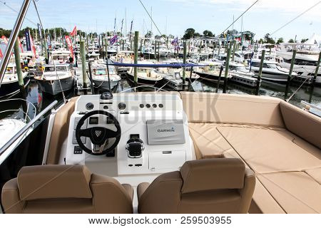 NORWALK, CT, USA- SEPTEMBER 20, 2018: View from fly bridge on Fairline Squadron 53 displayed on  Progressive Norwalk Boat Show 2018. 
