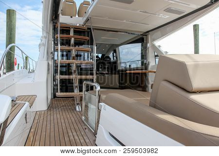 NORWALK, CT, USA-Fairline Squadron 53 displayed on  Progressive Norwalk Boat Show 2018.