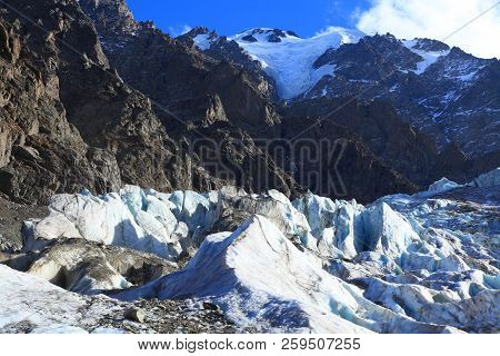 View Of The Icefall Of The Glacier Tsey. Caucasus.