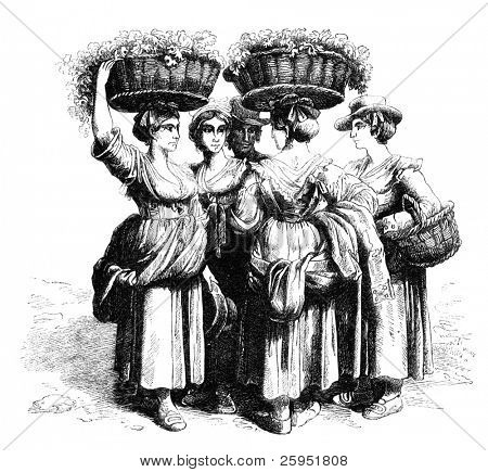 Weinlese in Italien. Kupferstich aus der Cent Magazine, Januar 1843.