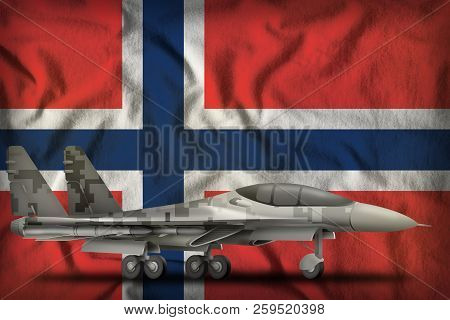 Fighter, Interceptor With Pixel City Camouflage On The Norway Flag Background. 3d Illustration