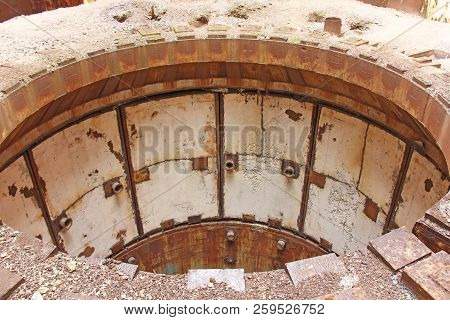 Abandoned Nuclear Power Plant. Russia, The Crimea, Shelkino. Abandoned Construction, Iron Background