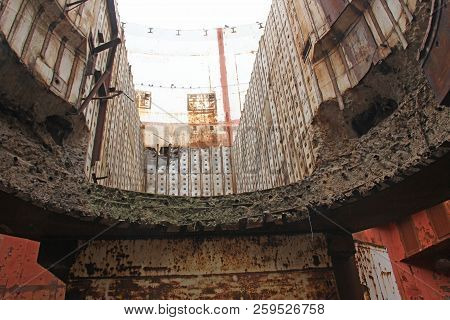 Abandoned Nuclear Power Plant. Russia, The Crimea, Shelkino. Abandoned Construction, Iron Background