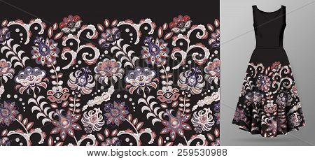 Vector Seamless Pattern With Pastel Pastel Pnk Flowers Ornament On Black Background, Hand Drawn Text