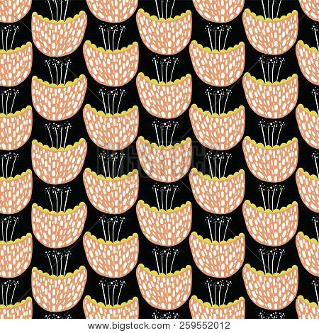 Seamless Vector Abstract Flowers Pattern Background. Scandinavian Peachy Orange Stylized Flowers On 