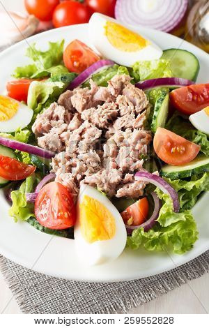 Fresh Fish Tuna Salad Made Of Tomato, Ruccola, Tuna, Eggs, Arugula, Crackers And Spices. Caesar Sala