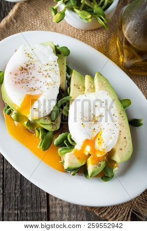 Avocado Toast, Cherry Tomato On Wooden Background. Breakfast With Toast Avocado, Vegetarian Food, He