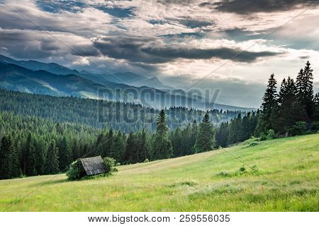 Beautiful Small Cottage On Green Valley At Sunset, Tatra Mountains