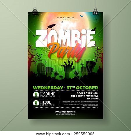 Halloween Zombie Party Flyer Illustration With Cemetery And Mysterious Moon On Green Background. Vec