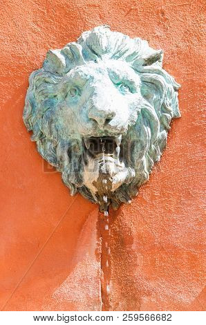 The Low Relief Sculpture Of A Lion Head Sprayed On The Orange Wall.