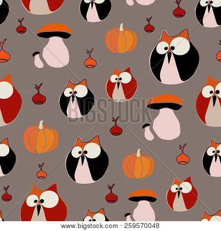 Vector Owls And Pumpkins Orange Black Red Seamless Pattern Background Great For Autumn Events On Tex