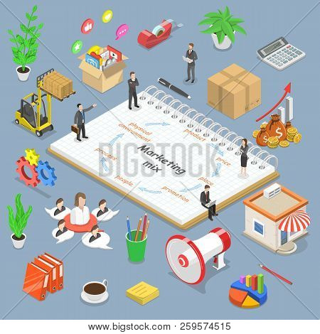 Marketing Mix Model Isometric Flat Vector Concept.