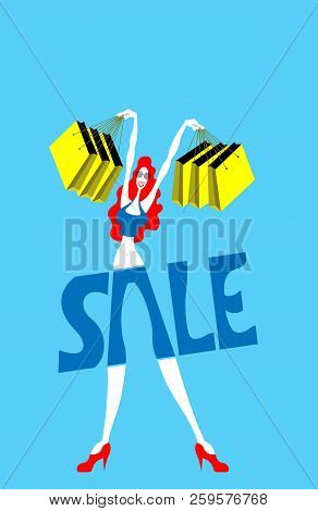 Pretty Girl Customer While Shopping With Paperbags Like Sale Logo. All The Objects Are In Different 
