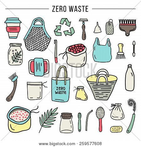 Zero Waste Concept - Set Of Hand Drawn Organic Elements. No Plastic.