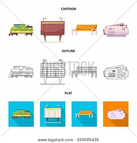 Vector Illustration Of Train And Station Sign. Set Of Train And Ticket Stock Symbol For Web.