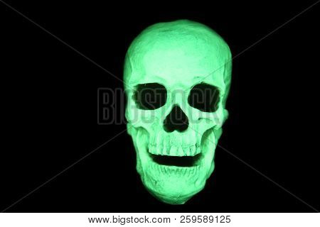 Glow in the dark painted skull. Ultraviolet glow in the dark paint. voodoo glow skull. luminescent glowing skull under black light.
