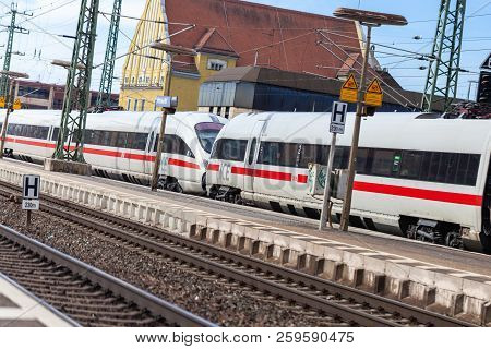 Fuerth / Germany - March 11, 2018: Ice 3, Intercity-express Train From Deutsche Bahn Passes Train St