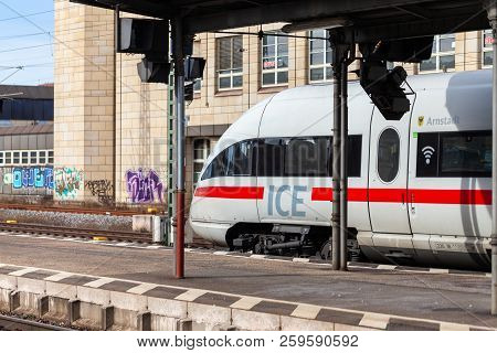 Fuerth / Germany - March 11, 2018: Ice 3, Intercity-express Train From Deutsche Bahn Passes Train St