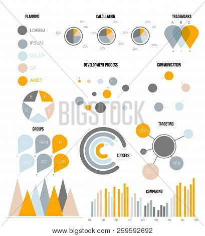 Ads Report Visualisation Inforgaphic Elements Vector Set. Gray, Brown, Orange Pie Chart, Circle Diag