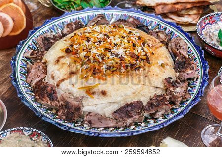Iranian Pilaf With Tahdig And Lamb Close View