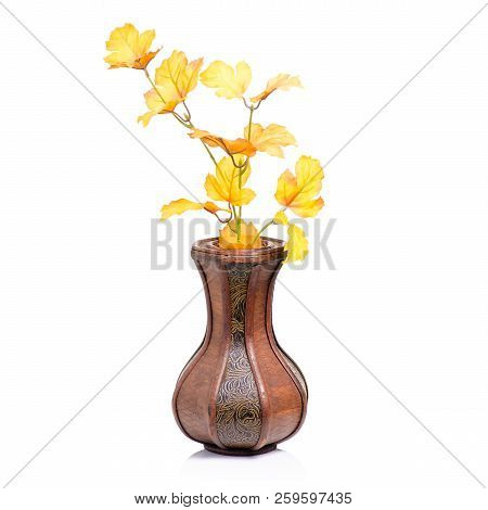 Wooden Vase Autumn Leaves On White Background Isolation