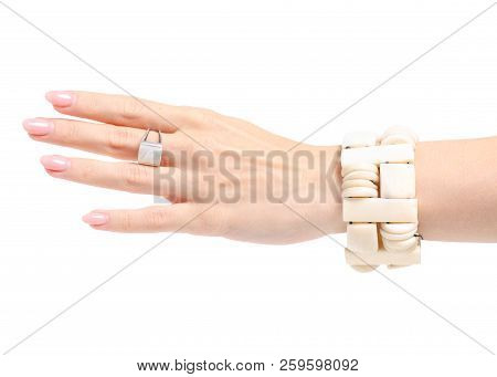 Bijouterie Ring Bracelet Ivory Stone In Hand On White Background Isolation