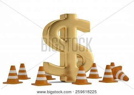 Golden Dollar Sign And Plot Chantier On White Background. 3D Illustration.