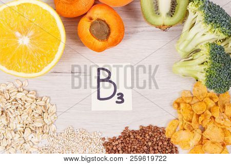 Inscription B3 And Nutritious Different Products Containing Vitamin B3 And Natural Minerals, Concept