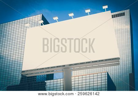 Blank Horizontal Billboard In City Background. 3d Rendered Illustration. Retro Style.