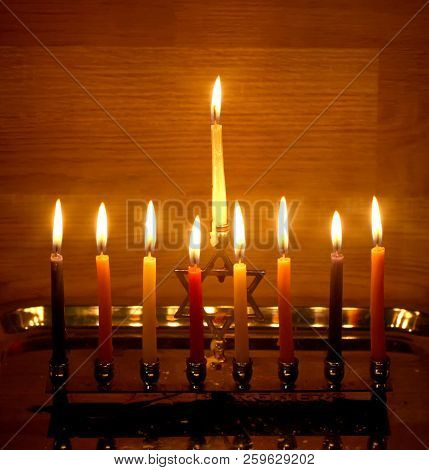 Hanukkah Is A Jewish Holiday. Burning Chanukah Candlestick With Candles. Chanukiah Menorah.