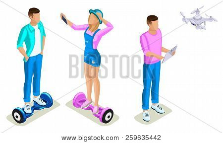 Isometrics Young People, Generation Z, Teenagers Using Hoverboard. The Gyroscope Based Dual Wheel El