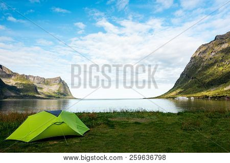 Camping On The Shore Of A Fjord In Senja Norway