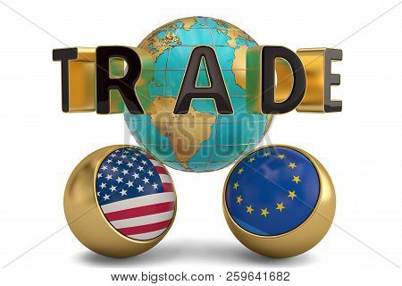Flag Gold Ball And Globe With Trade Word On White Background.3D Illustration.