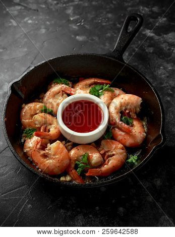 Fried In Garlic Butter Shrimps Served With Sweet Chili Suace And Parsley