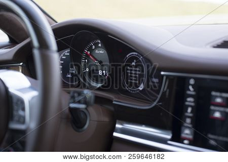 Minsk, Belarus - September 2, 2018: Porsche Panamera E-hybrid Porsche Exprerience Road Tour