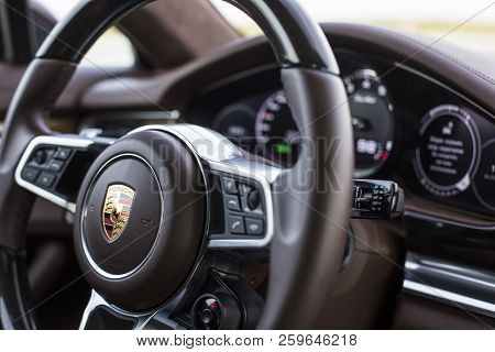 Minsk, Belarus - September 2, 2018: Porsche Panamera E-hybrid Interior Porsche Exprerience Road Tour