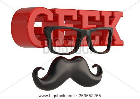 Glasses And Mustache Geek Logo Isolated On White Background 3D Illustration.