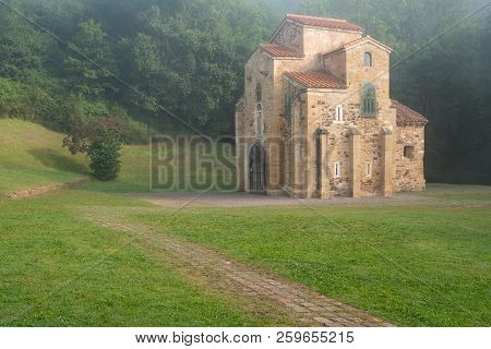 Old Church San Miguel De Lillo On A Foggy Morning With Clear Sky, Famous Pace Close To Oviedo, Spain