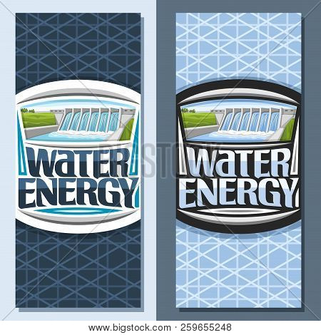 Vector Vertical Banners For Water Energy, Leaflets With Mini Hydroelectric Powerplant On Summer Hill