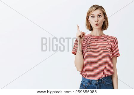 Oh, One More Thing. Beautiful Girlfriend With Clean Screen And Fair Short Haircut, Raising Index Fin