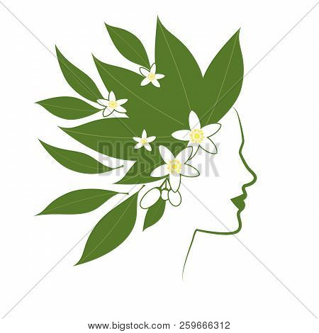 Profile Line Of Woman With Flowers And Orange Blossom Leaves As Hair