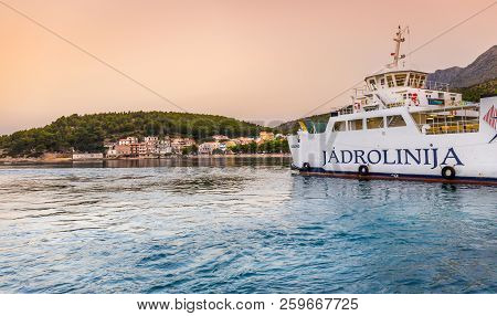 Drvenik, Croatia - July 24, 2016: Ferryboat And Adriatic Seashore In Drvenik, Touristic Village In C