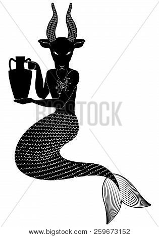 Zodiac In The Style Of Ancient Greece. Capricorn. Mythological Figure Of Man With Goat's Head And Fi
