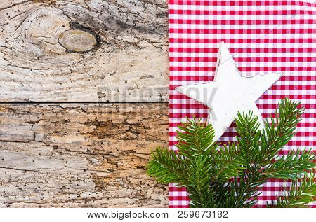 Natural Christmas Decoration, White Star Shape With Fir Branch On Old Wood