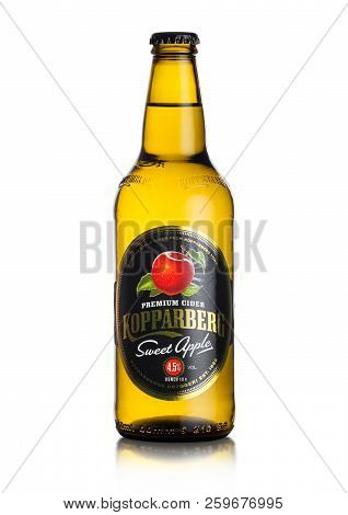London, Uk - September 13, 2018: Bottle Of Kopparberg Sweet Apple Cider On White Background With Ref