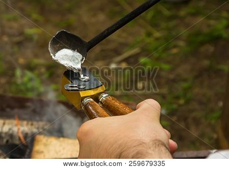 Bullet Making Round Projectile For Historical Weapons Muskets Liquid Metal Is Poured Is Formed In Ha