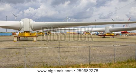 Giant Rotors Of Wind Turbine On Windmill Assambly Site To Build Windfarms At Sea