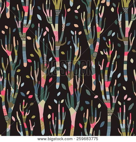 Seamless Background With Stylized Trees. Forest Bright Pattern. Patchwork Trees, Cozy, Autumn, Dark 