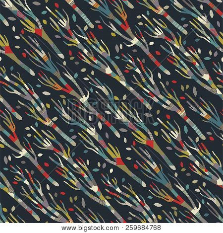 Seamless Background With Stylized Trees. Forest Bright Pattern. Patchwork Trees, Cozy, Autumn, Dark 